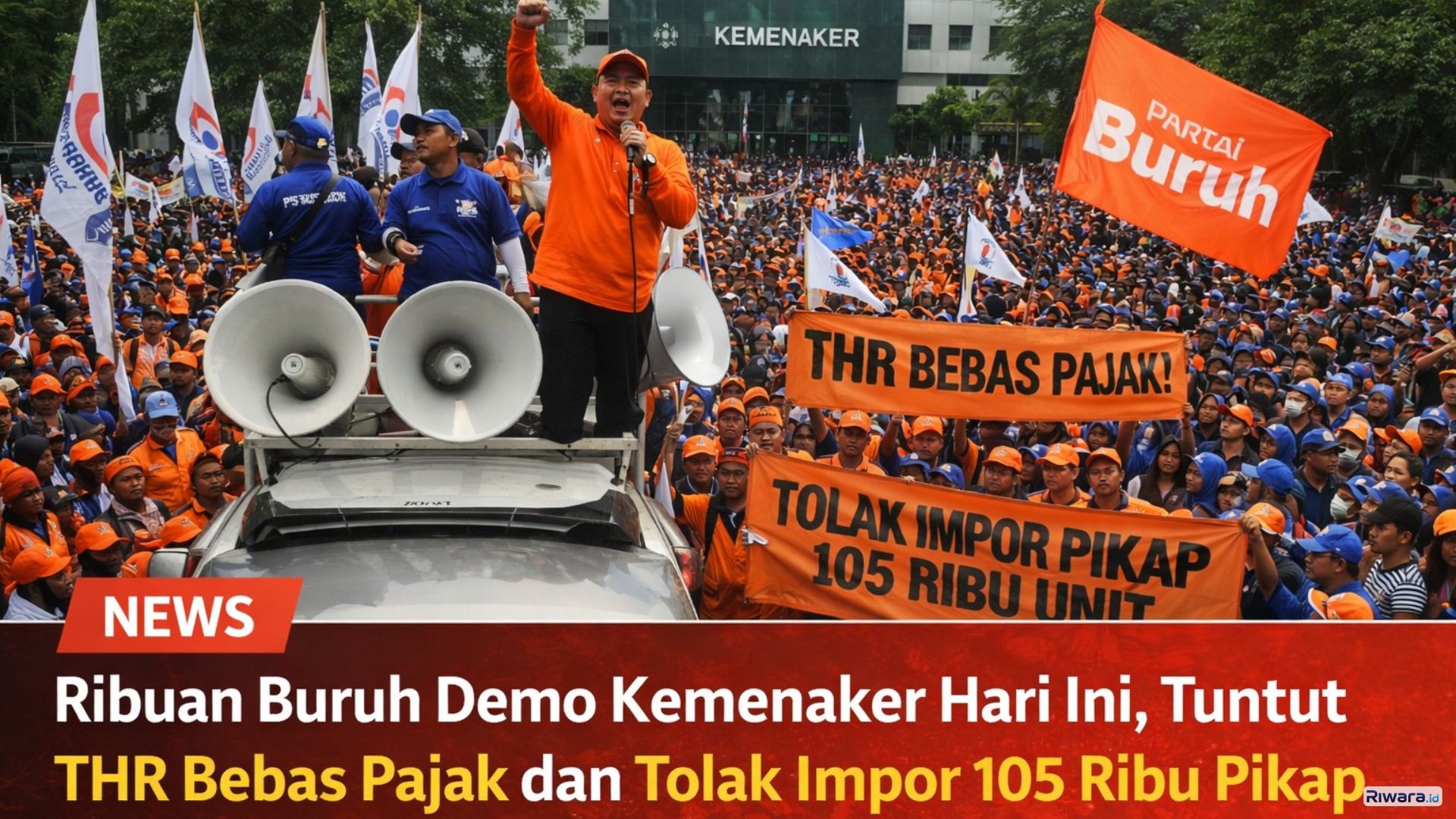 Ilustrasi Ribuan buruh dari FSPMI dan Partai Buruh menggelar aksi unjuk rasa di depan kantor Kementerian Ketenagakerjaan (Kemenaker) Jakarta, Rabu (4/3/2026), menuntut THR bebas pajak dan menolak impor 105.000 unit mobil pikap.